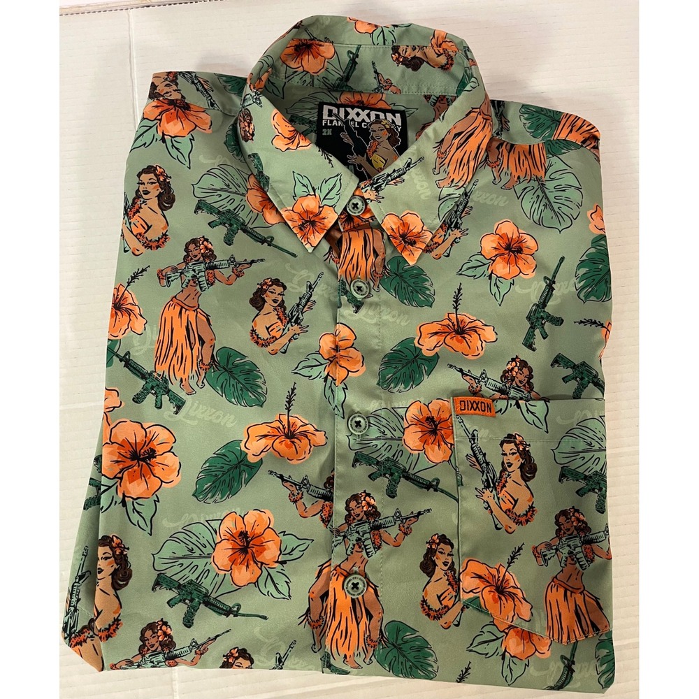 Dixxon Aloha Arms Shirt Mens 2X Green Hula Girl Rifle Tropical Print - Picture 6 of 6